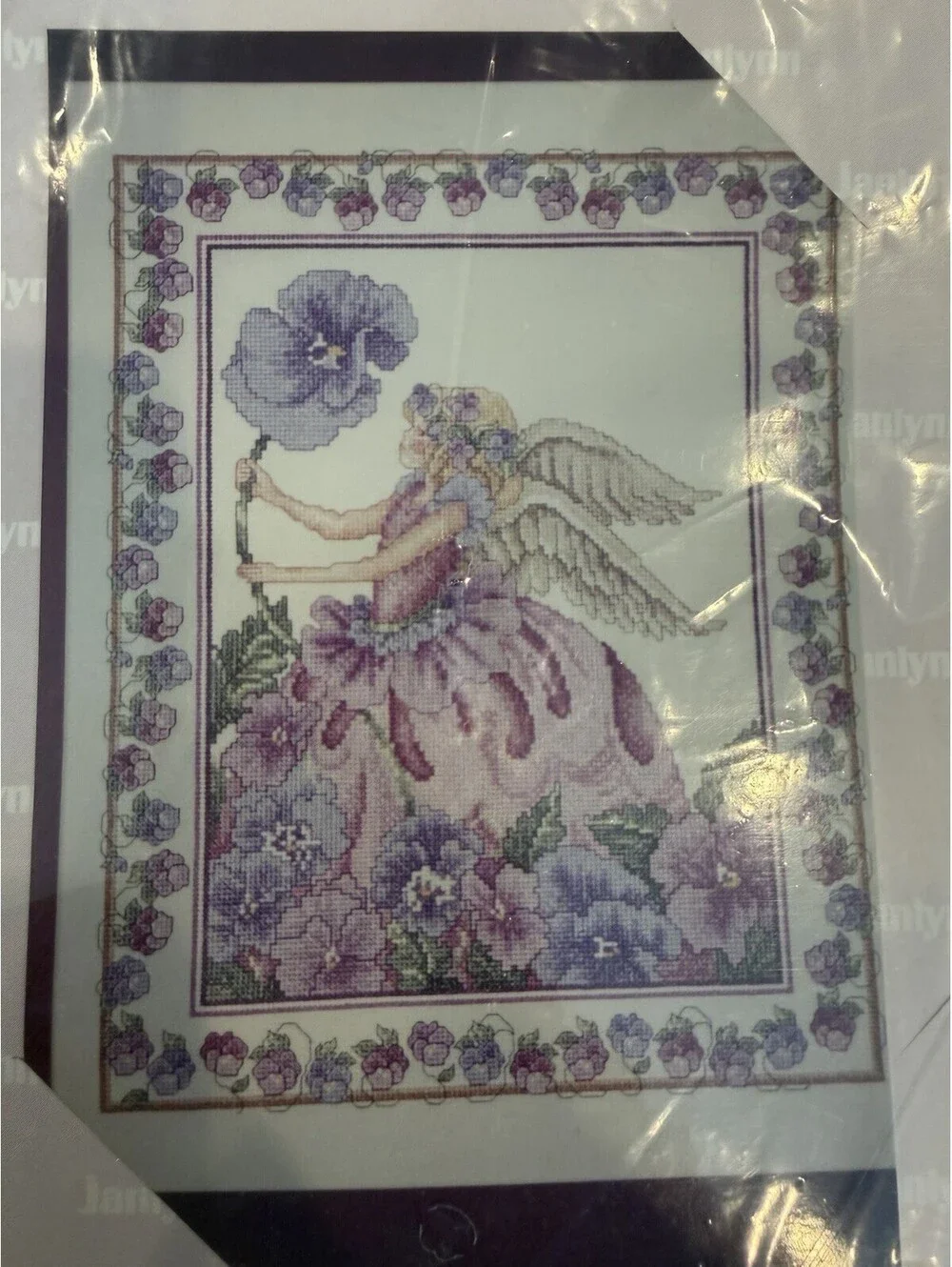 Vtg Rare Janlynn Counted Cross Stitch Kit  Purple Pansy Angel New